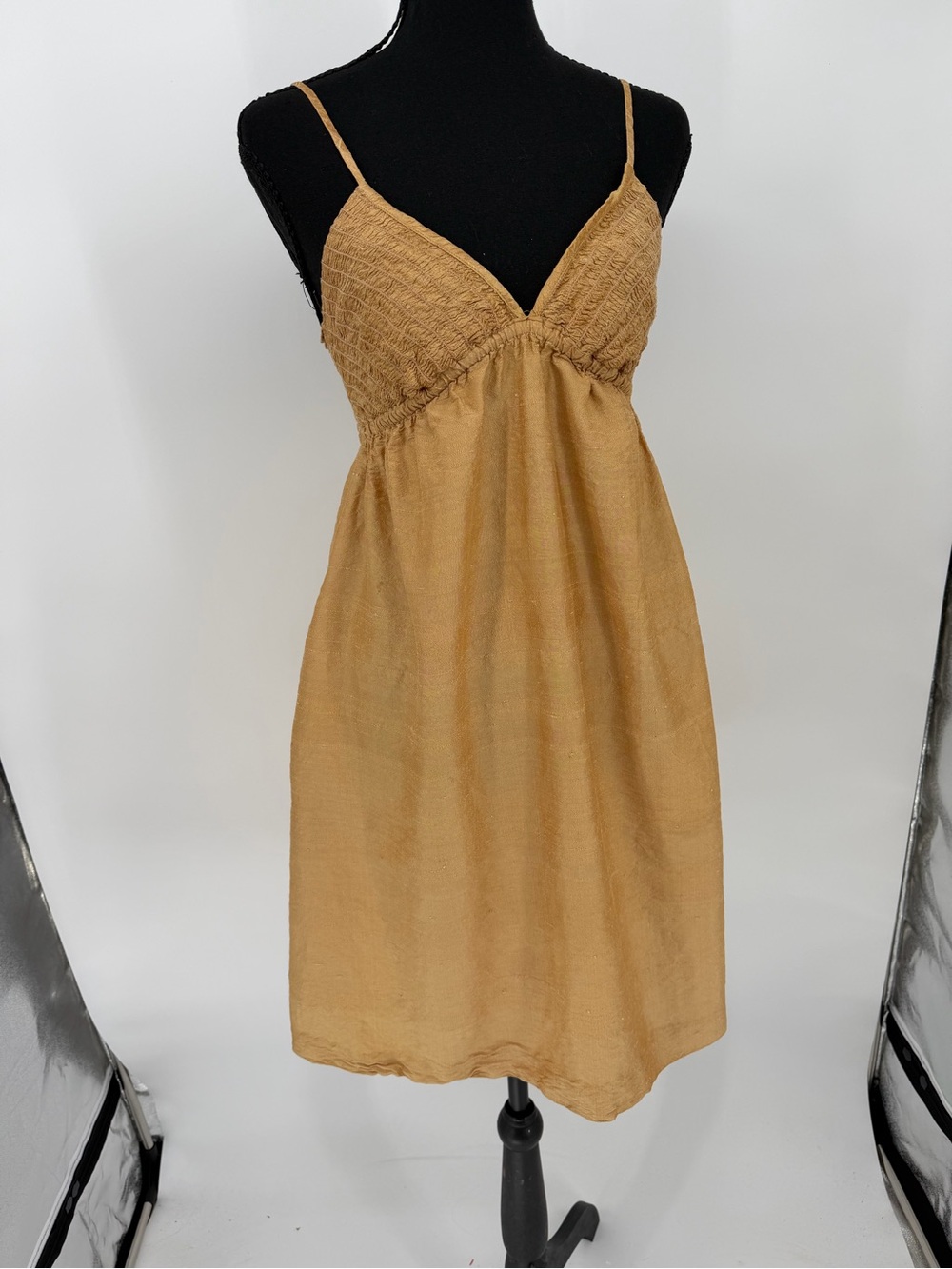 Shareen Silk Smocked Empire Waist Slip Dress Mustard Tan Size 0 Pockets USA